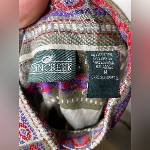 Vintage 90s Button Down Shirt Large Green Ivory Check Embroidered Women's Medium - Picture 5 of 5